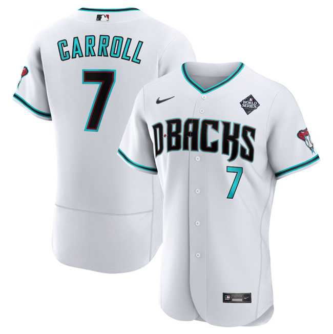 Mens Arizona Diamondbacks #7 Corbin Carroll White 2023 World Series Flex Base Stitched Jersey Dzhi
